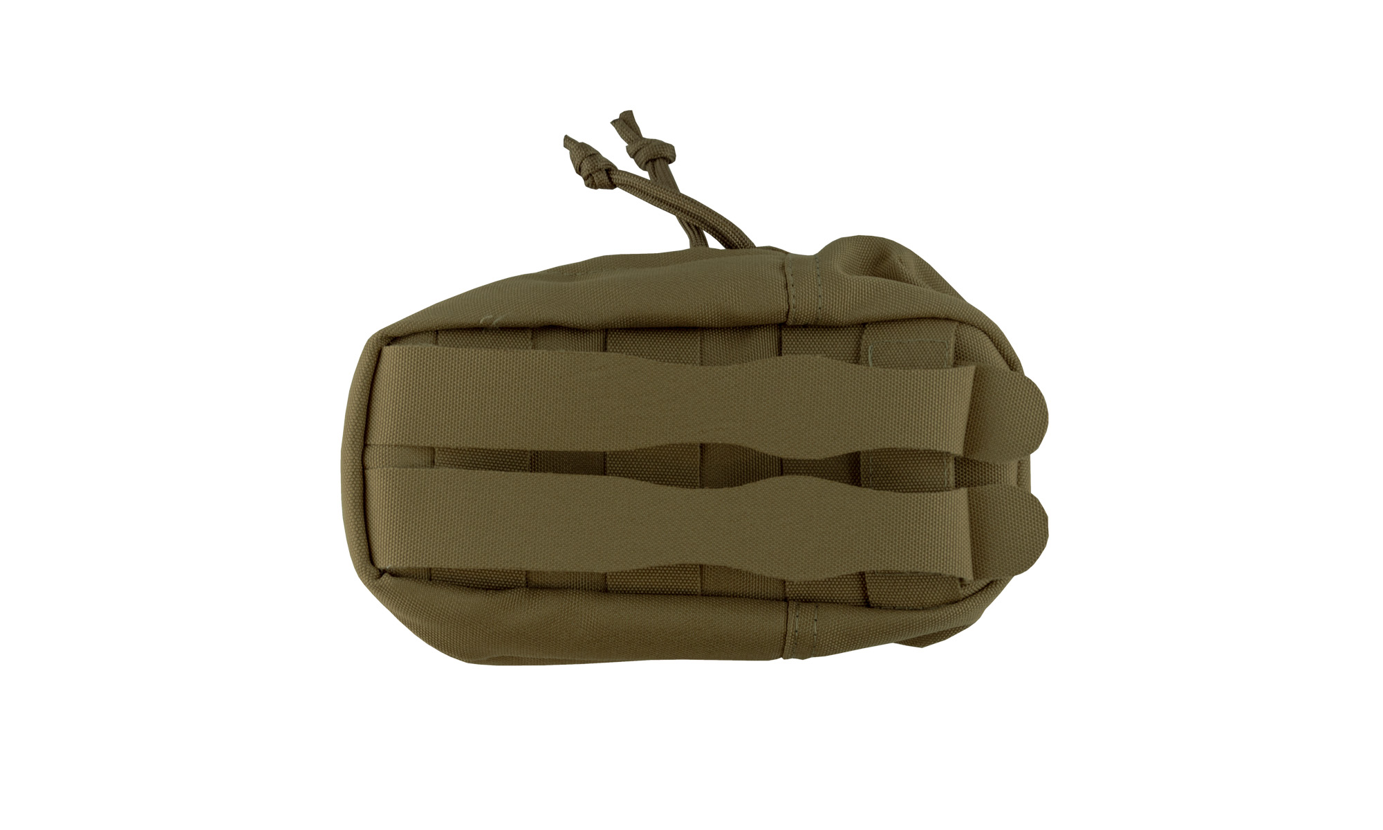 Olivgrüne, rechteckige Tasche mit MOLLE-System und Kordelzug, auf weißem Hintergrund.
