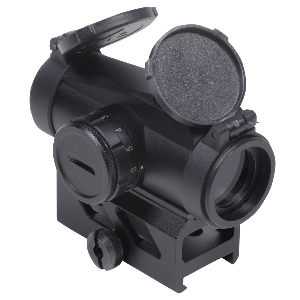 Schwarzes Airsoft-Red-Dot-Visier mit aufklappbaren Linsenschutzkappen und Einstellungsknopf.