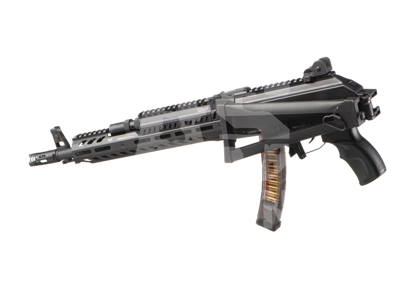 Modernes Airsoft-Gewehr mit taktischem Handgriff und transparentem Magazin, seitlicher Blick.