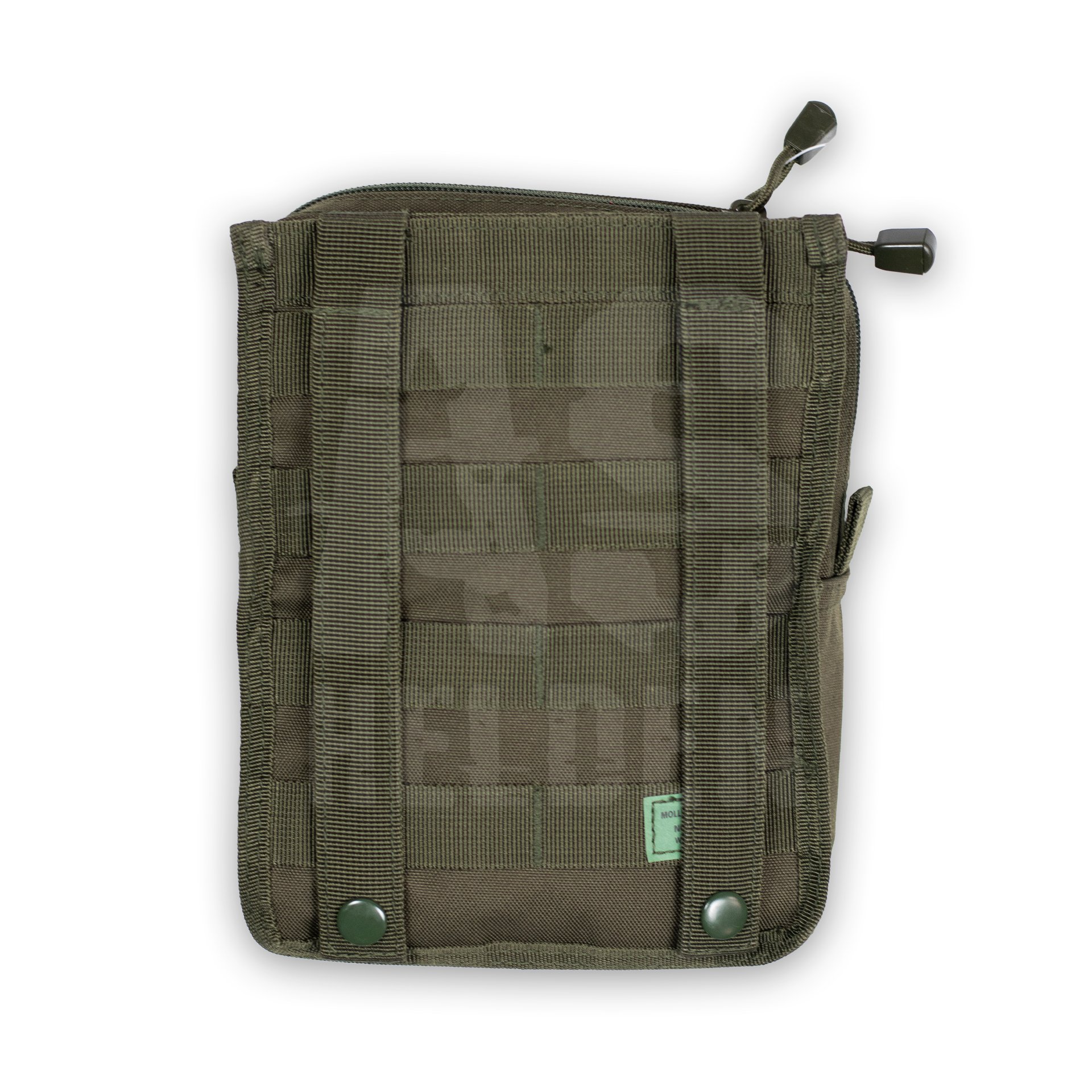 Grüne MOLLE-Tasche mit Reißverschluss, geeignet für Airsoft-Ausrüstung.