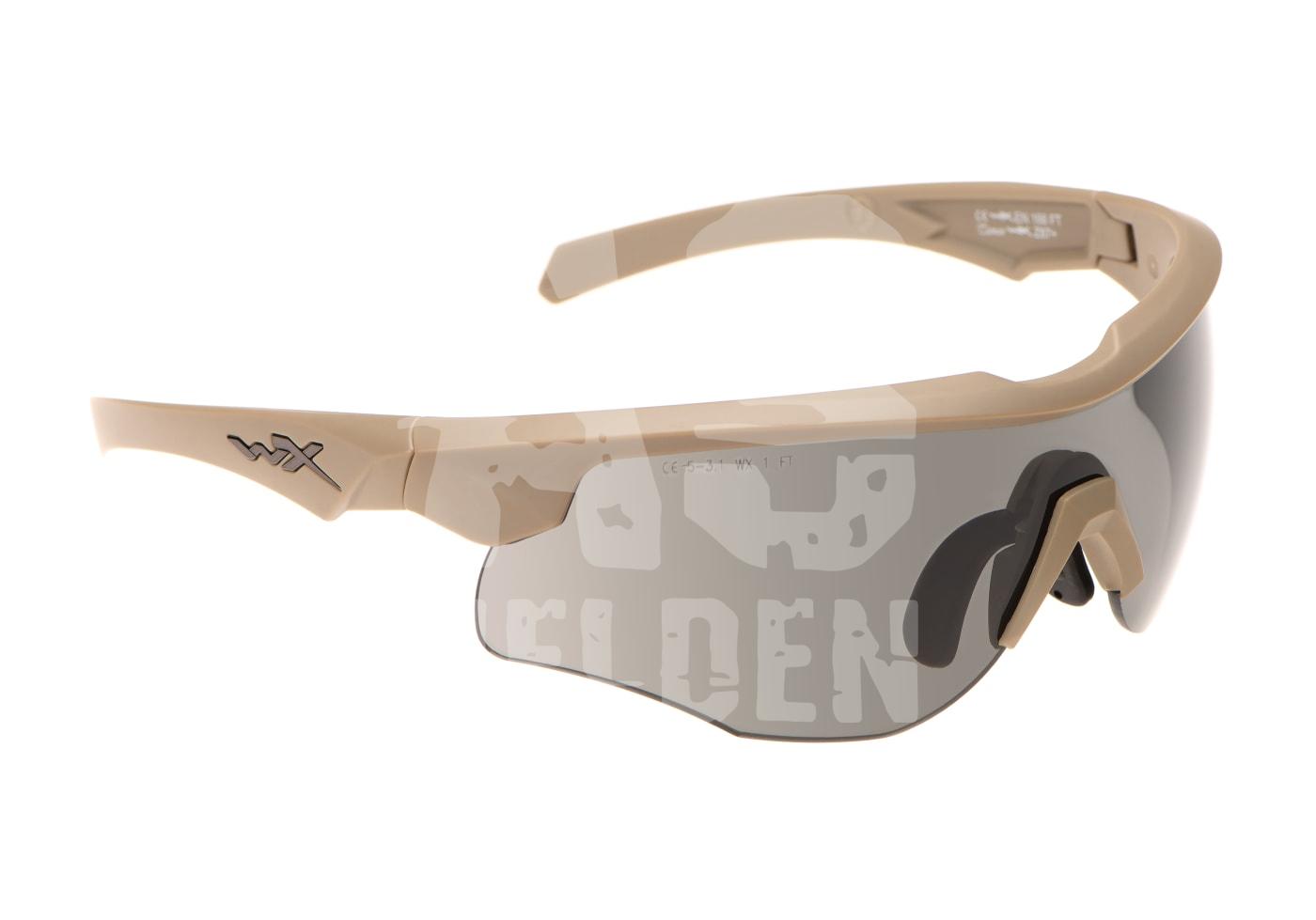 Taktische Schutzbrille mit beigem Rahmen und dunklen Gläsern, ideal für Airsoft.