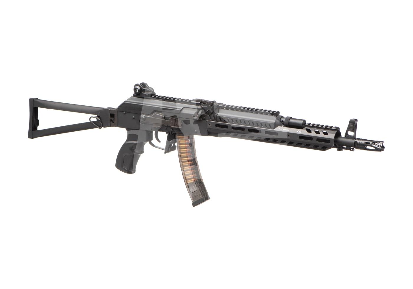 Airsoft-Gewehr mit Klappschaft und transparentem Magazin, modernem Design und taktischer Schiene.