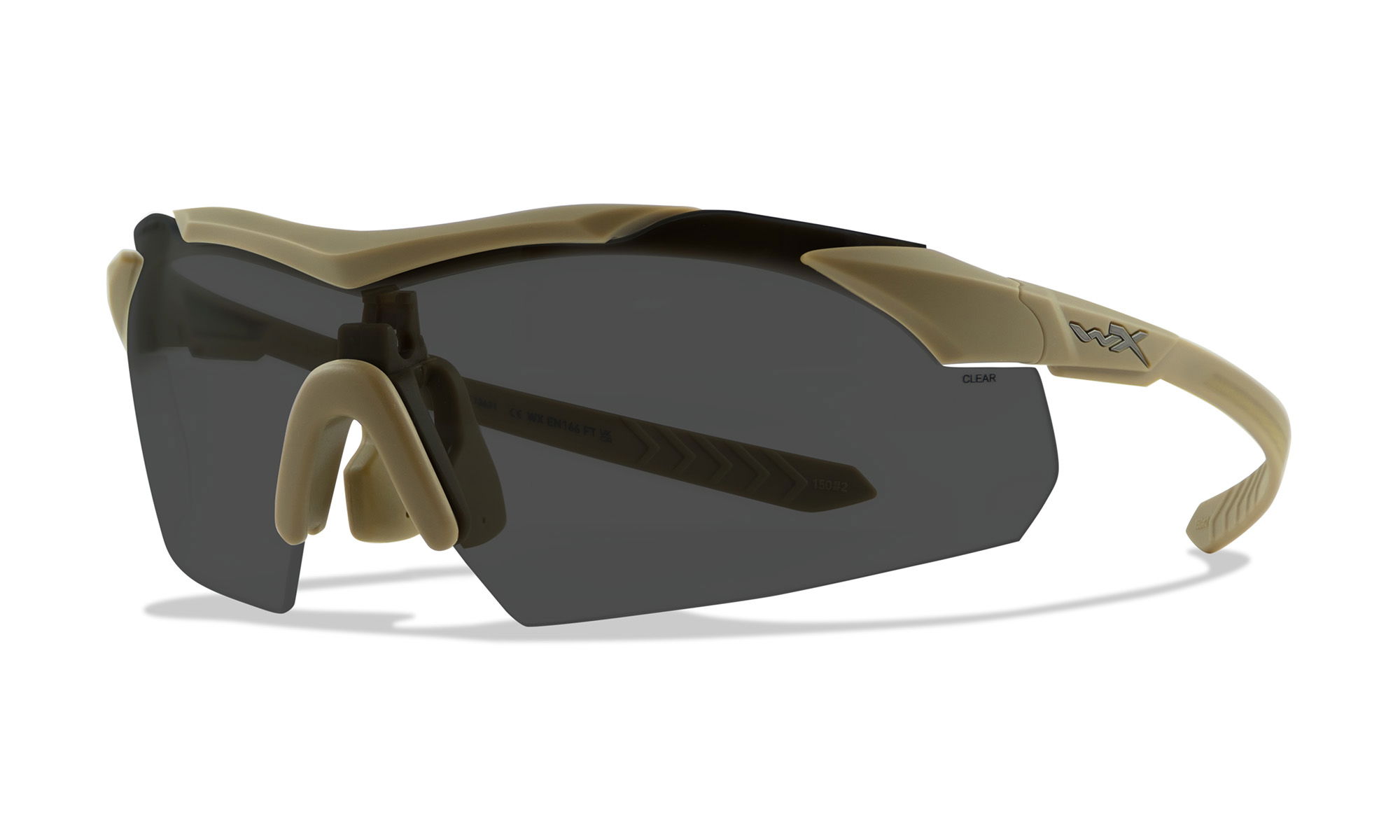 Sonnenbrille mit schwarzen Gläsern und beigem Gestell, seitliches Logo sichtbar.