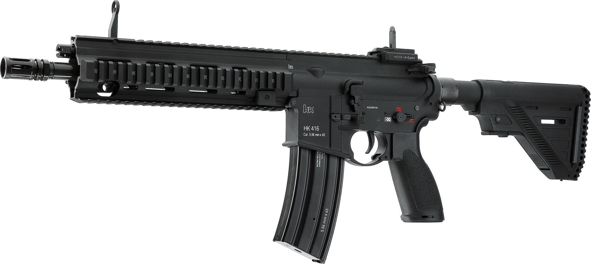 Schwarzes Gewehr HK416 mit verstellbarem Schaft und taktischem Vorderschaft, ideal für Airsoft-Spiele.