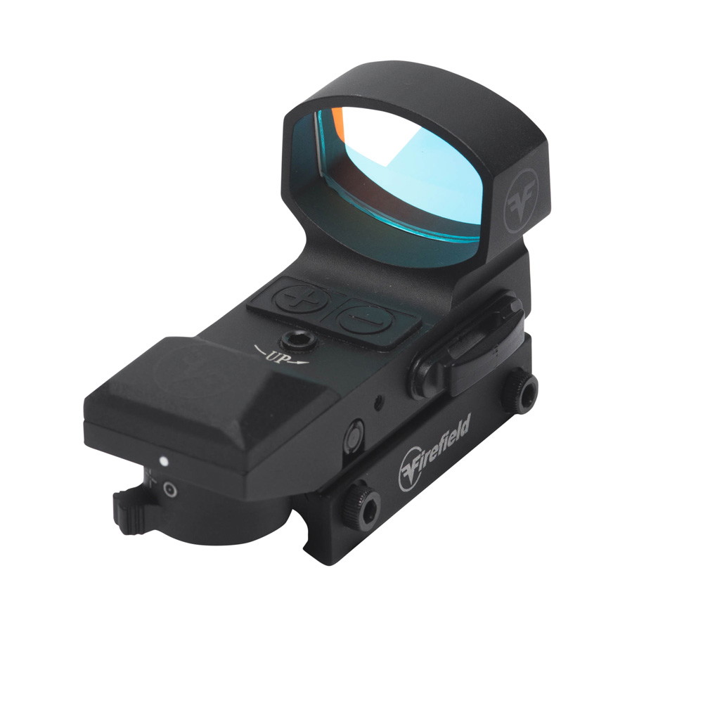 Reflexvisier von Firefield mit klarem Sichtfenster und schwarzen Bedienelementen, ideal für Airsoft-Zielgenauigkeit.
