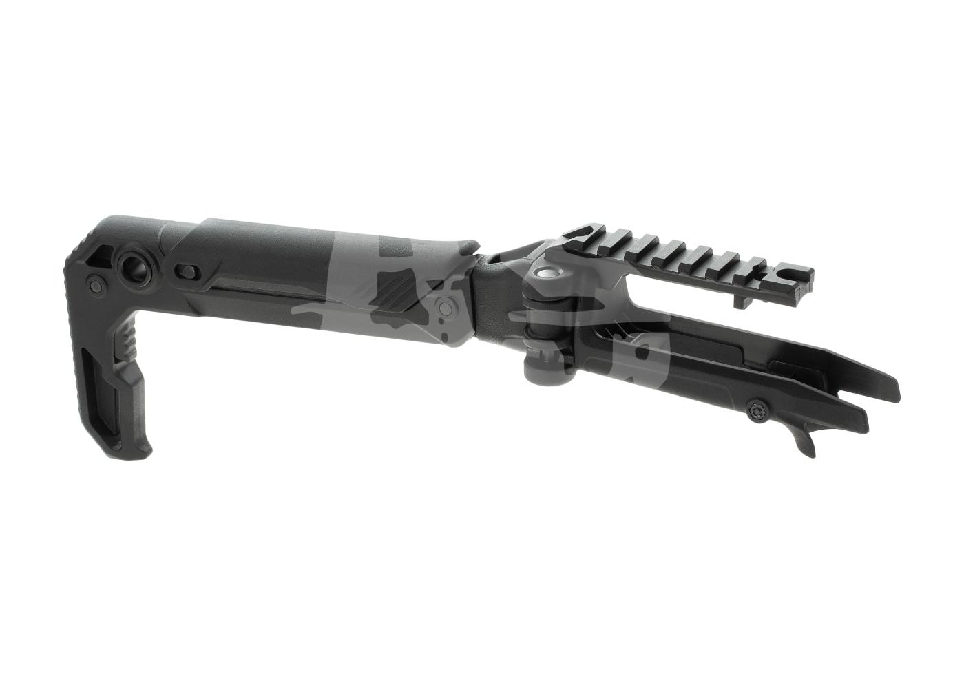 Klappbarer schwarzer Airsoft-Schaftadapter mit Picatinny-Schiene, ideal zur Gewehraufrüstung.