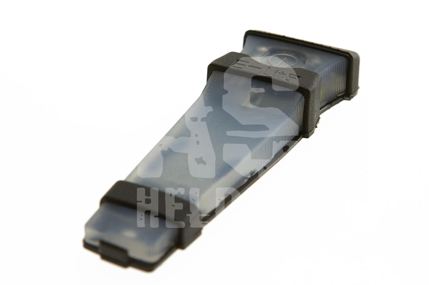 Transparenter Airsoft-Magazin mit dunklen Akzenten, seitliche Ansicht.