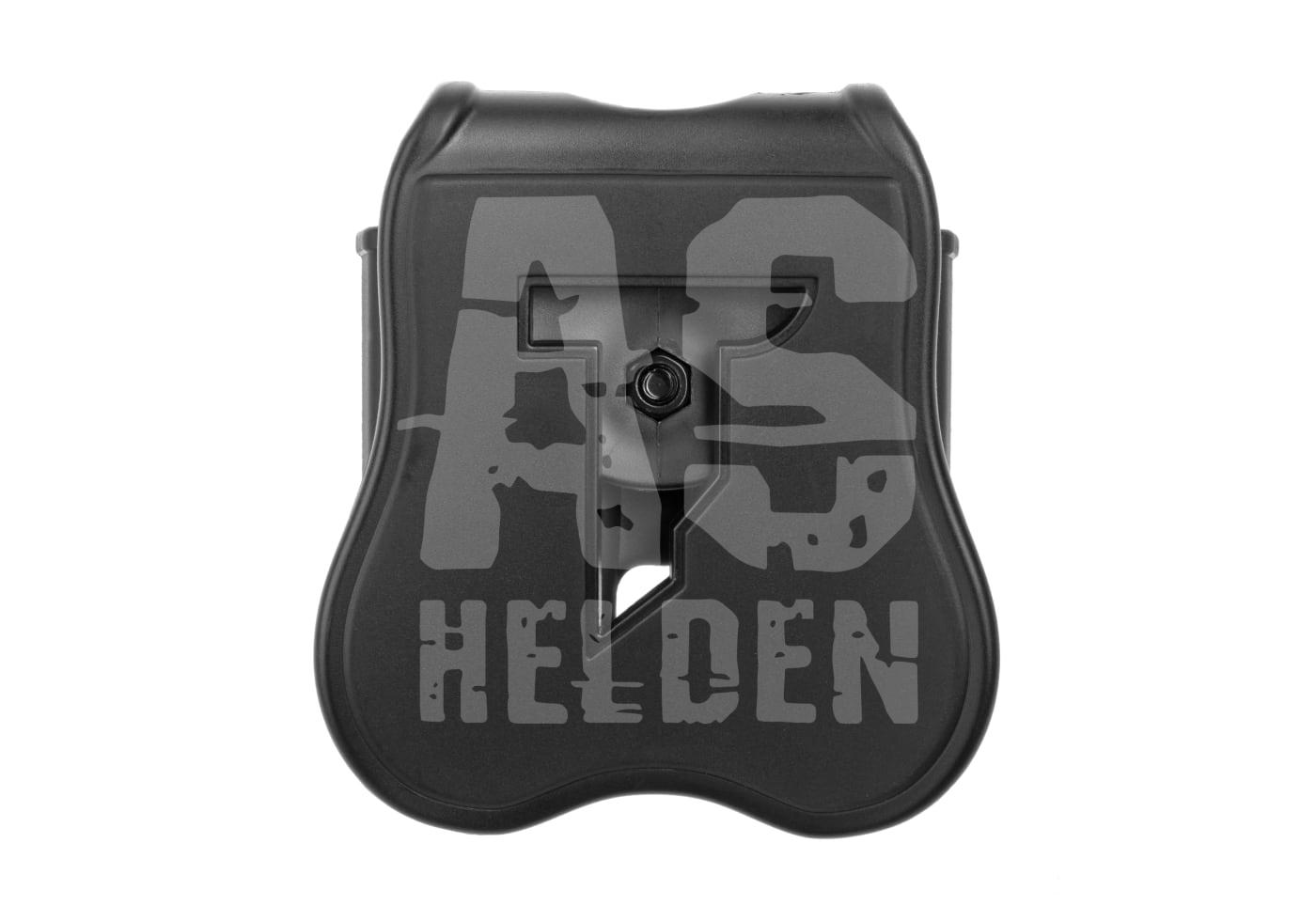 Double Mag Pouch für M1911 / P220 Schwarzes Airsoft-Holster mit geprägtem AS Helden Logo, frontalansicht.