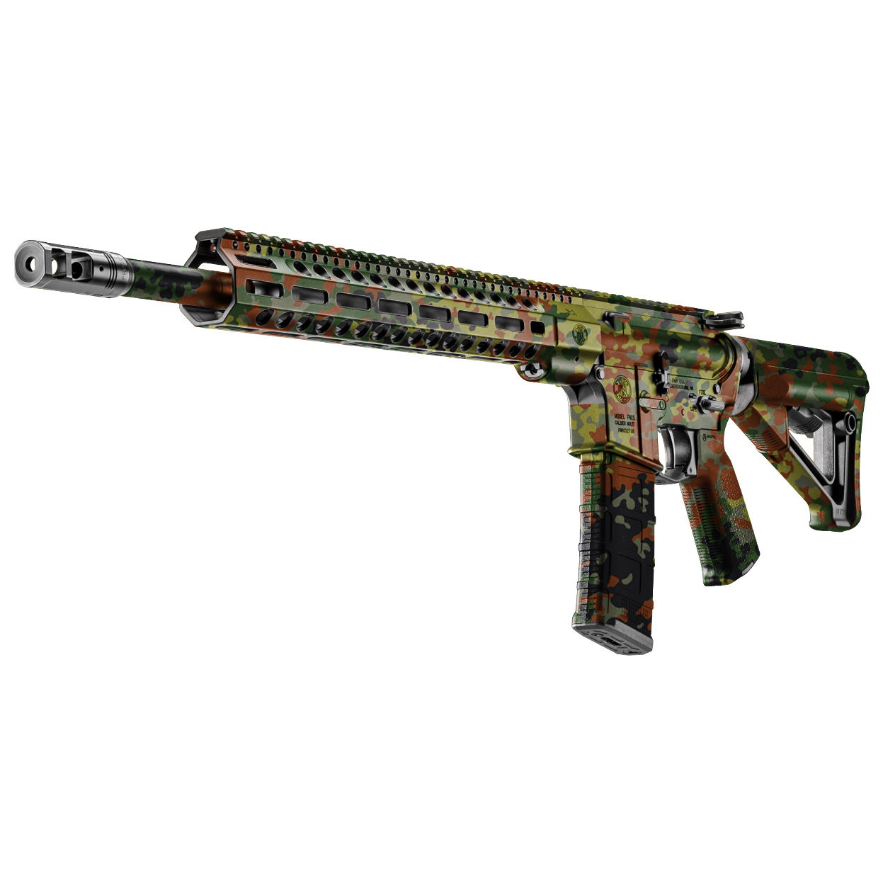 Airsoft-Gewehr mit Tarnmuster, Mündungsbremse und modernem Handguard.