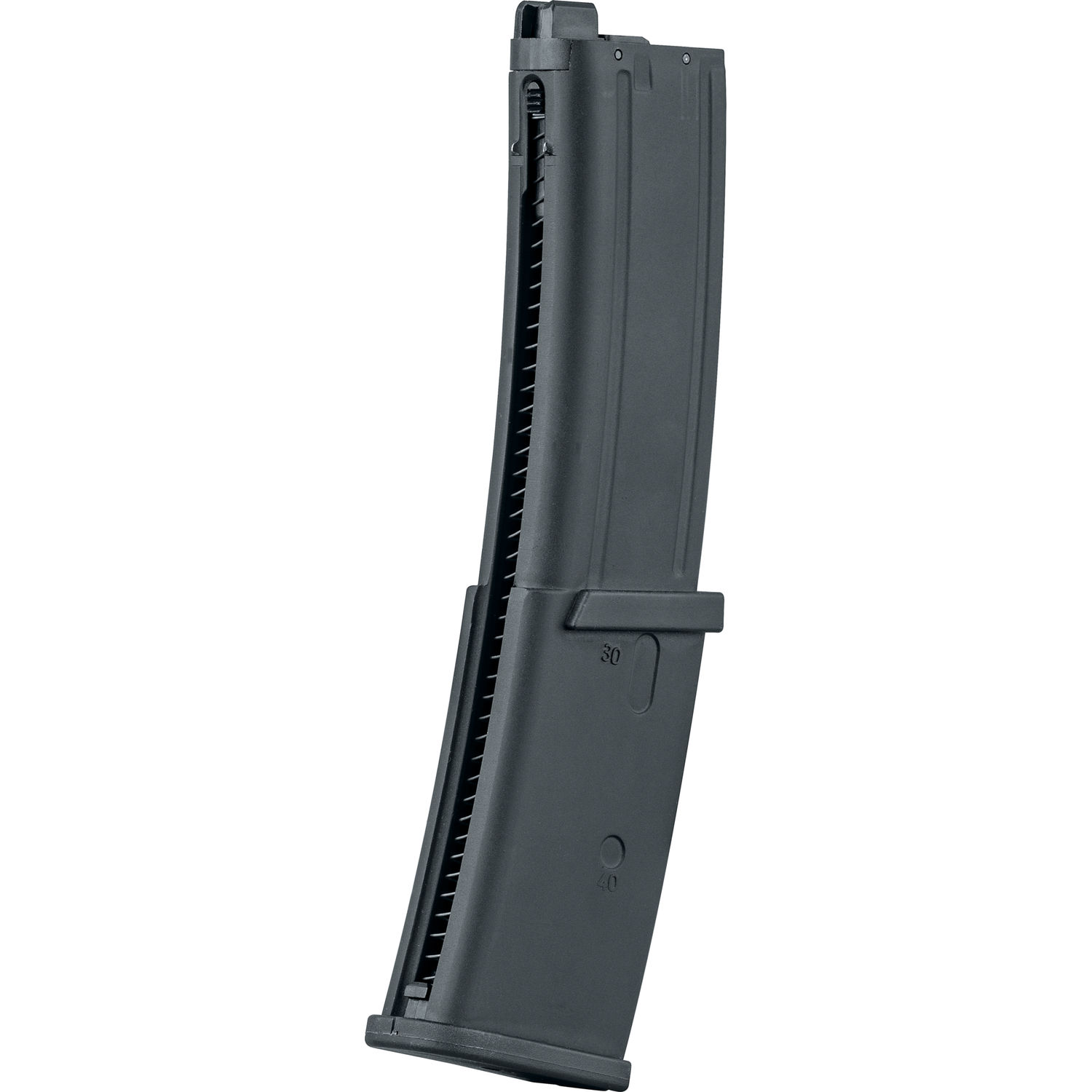 Airsoft Magazin in Schwarz, mittlere Kapazität, gewölbte Form, passend für Standardgewehre.