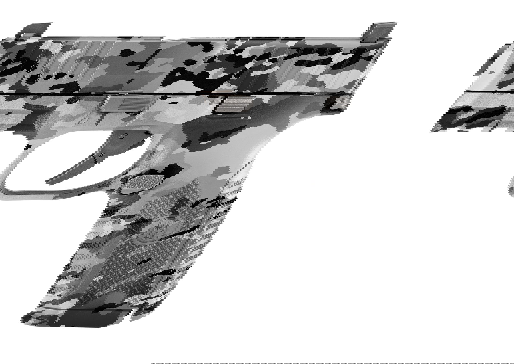 Tarnmuster-Pistole in Grau- und Schwarztönen, realistisches Airsoft-Design.