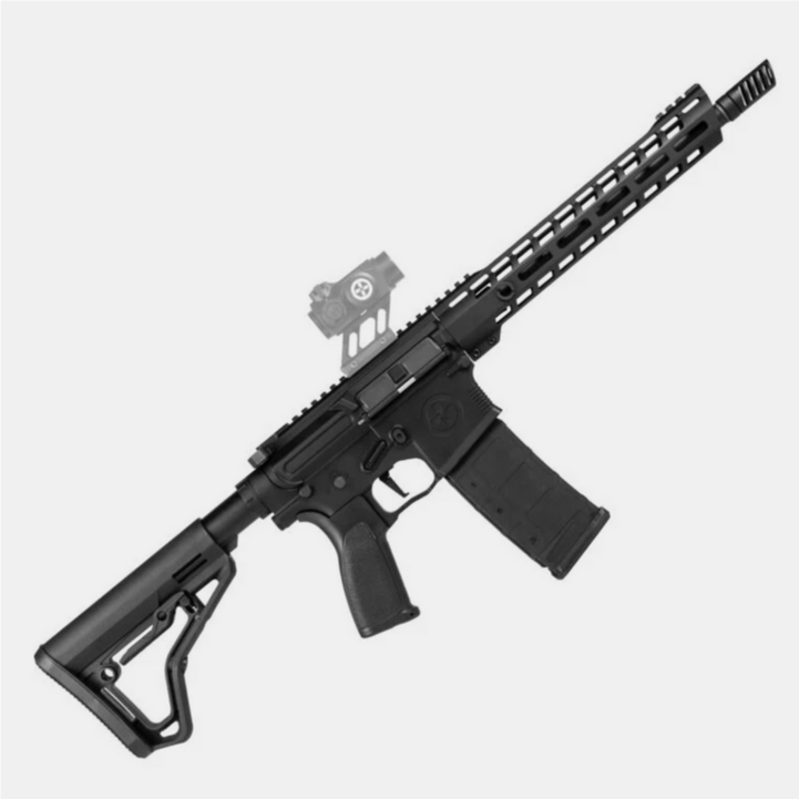 Schwarzes Airsoft-Gewehr mit verstellbarem Schaft und taktischer Handauflage.