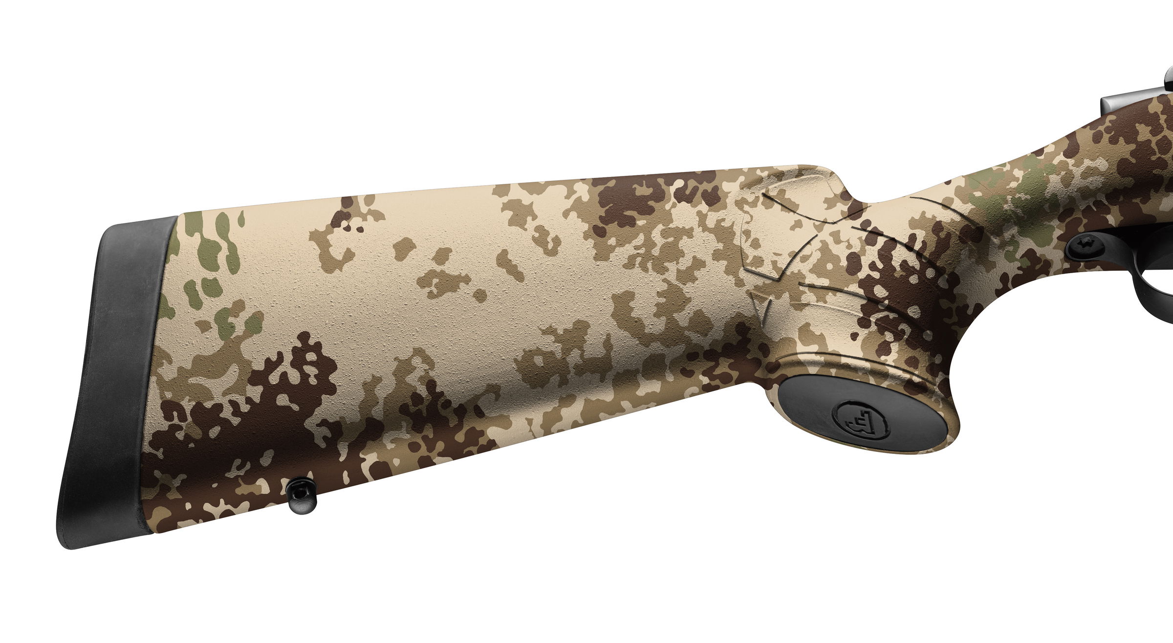 Tarnmuster-Schaft eines Gewehrs mit ergonomischem Design und rutschfestem Gummieinsatz am Ende.
