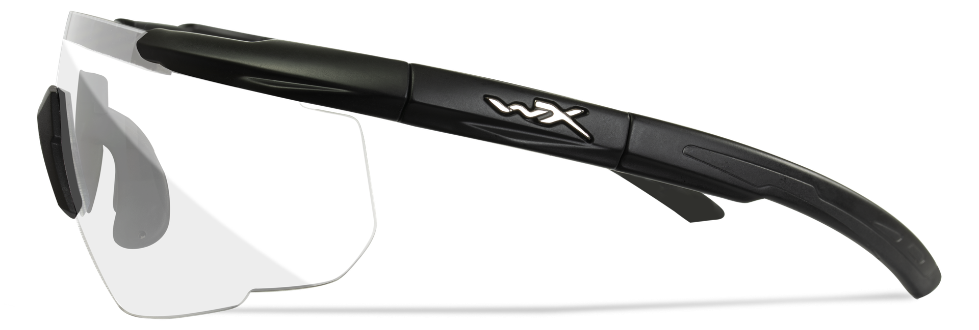Schwarze Schutzbrille mit klarem Visier und WX-Logo am Bügel.