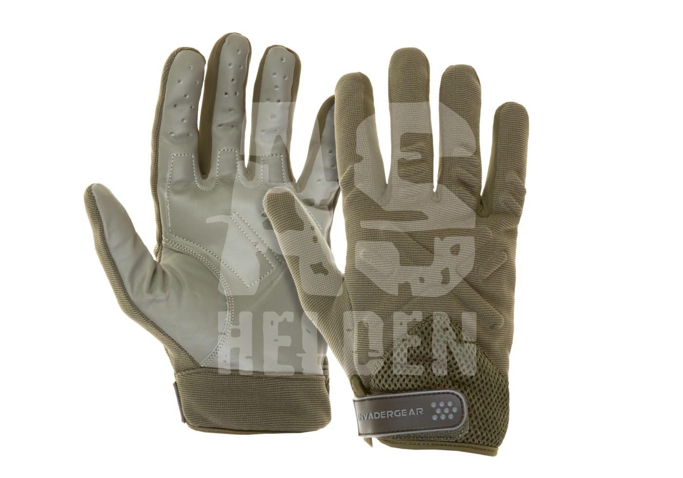 Olivegrüne Airsoft-Handschuhe mit gepolsterten Fingern und verstärkten Handflächen.