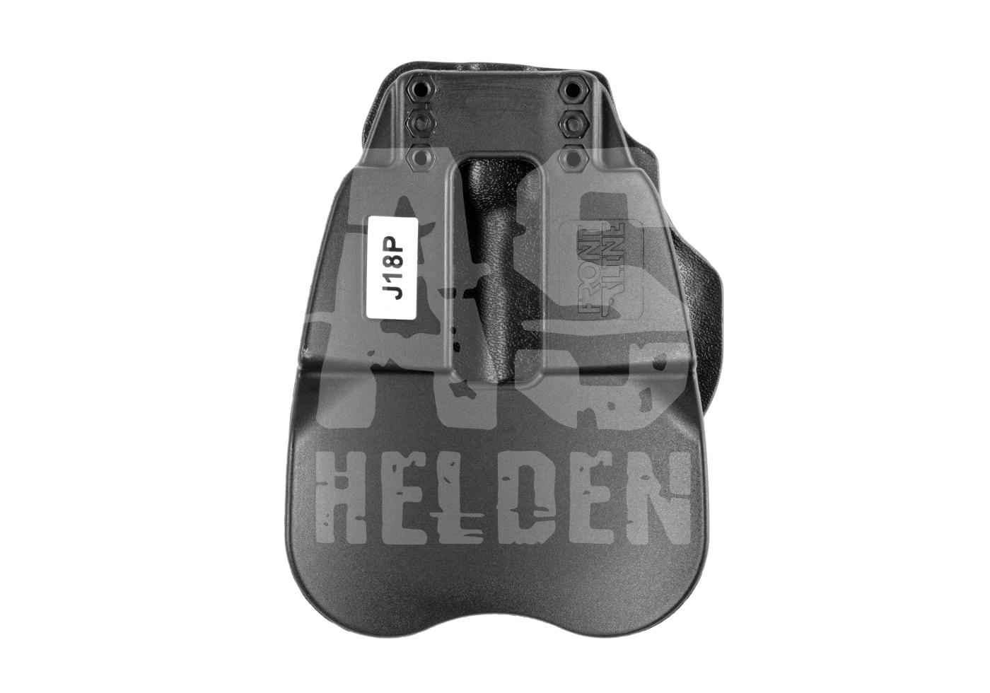 Schwarzes Holster mit Aufschrift "Front Line" und Label "J18P". Ideal für Airsoft-Ausrüstung.