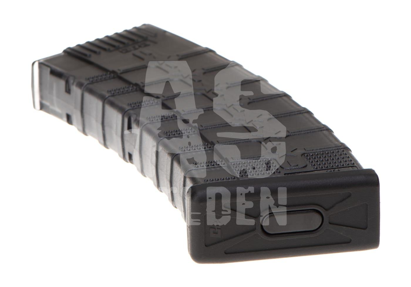 Schwarzes Airsoft-Magazin mit strukturierter Oberfläche und abgerundeten Kanten, seitliche Perspektive.