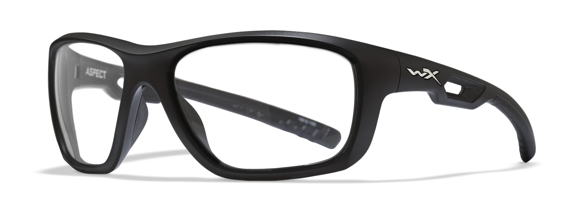 Schwarze Schutzbrille mit klarem Glas, ideal für Airsoft. Robust und stilvoll mit seitlichem Logo.