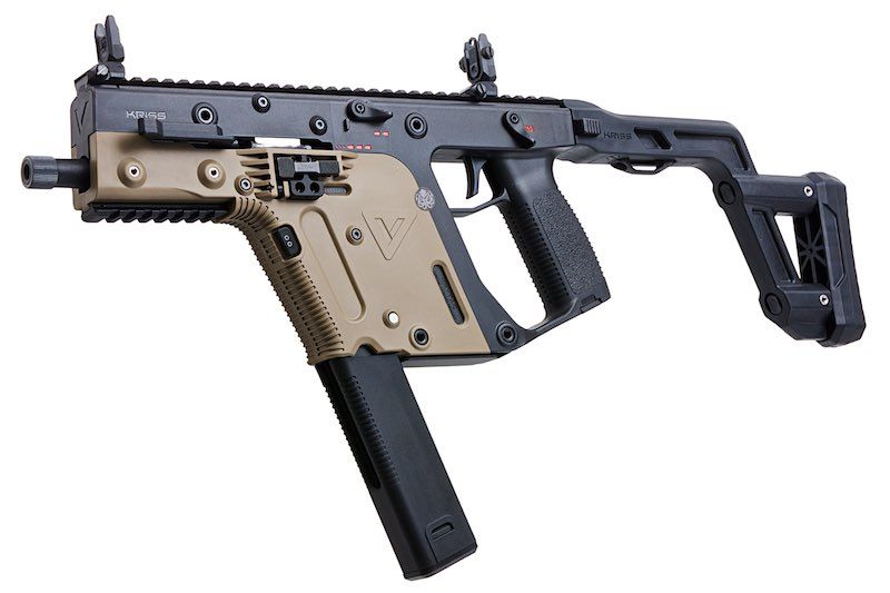 Airsoft-Gewehr in Schwarz und Beige, modernes Design mit Klappschaft und ergonomischem Griff.