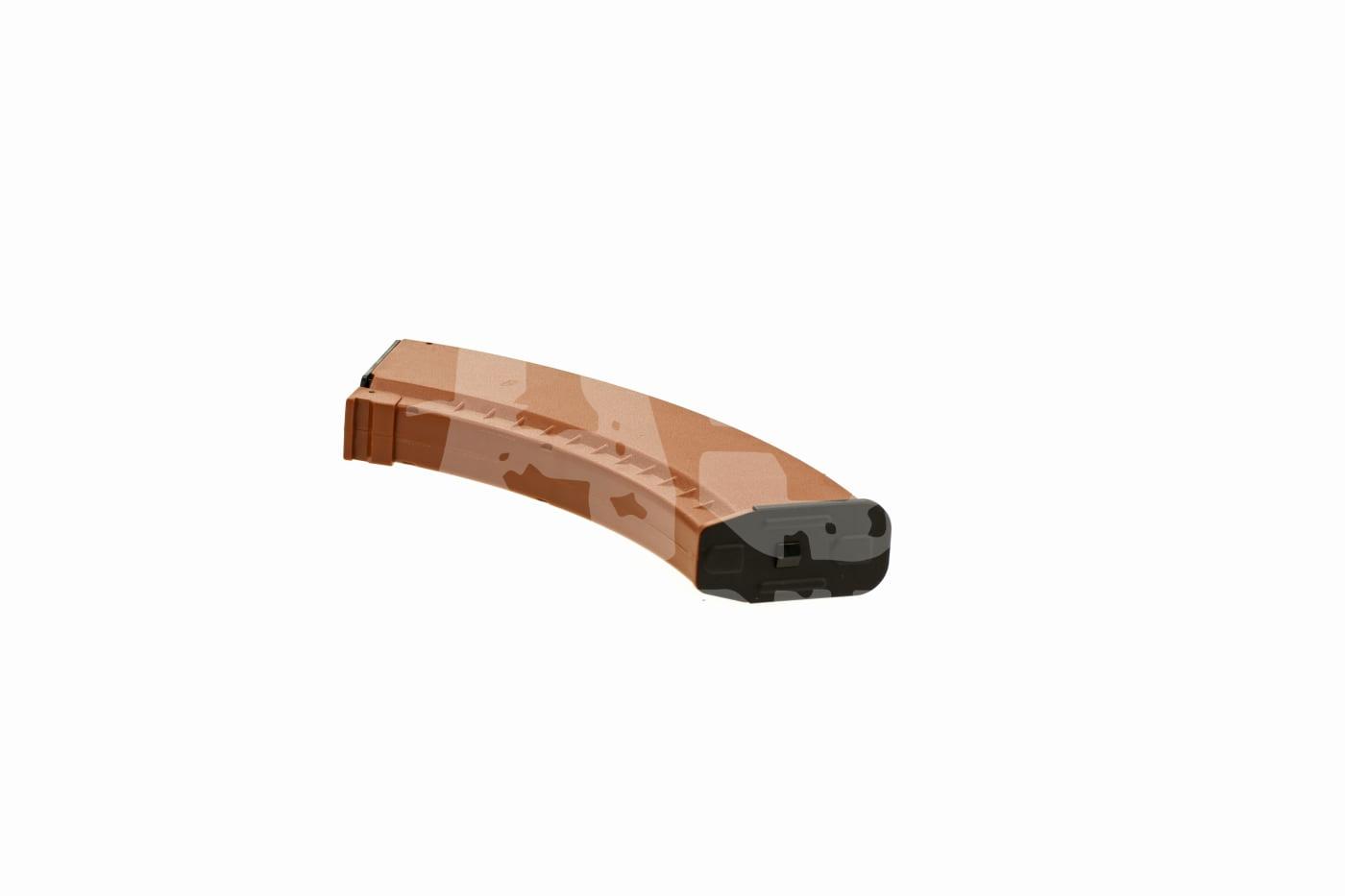 Tarnmagazin für Airsoft-Waffen, gebogen, braun-beige Camouflage-Muster.