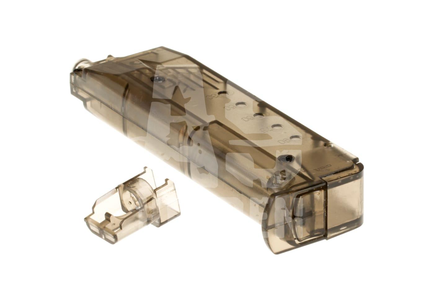 Airsoft Speedloader in transparentem Kunststoff mit abnehmbarem Adapter.