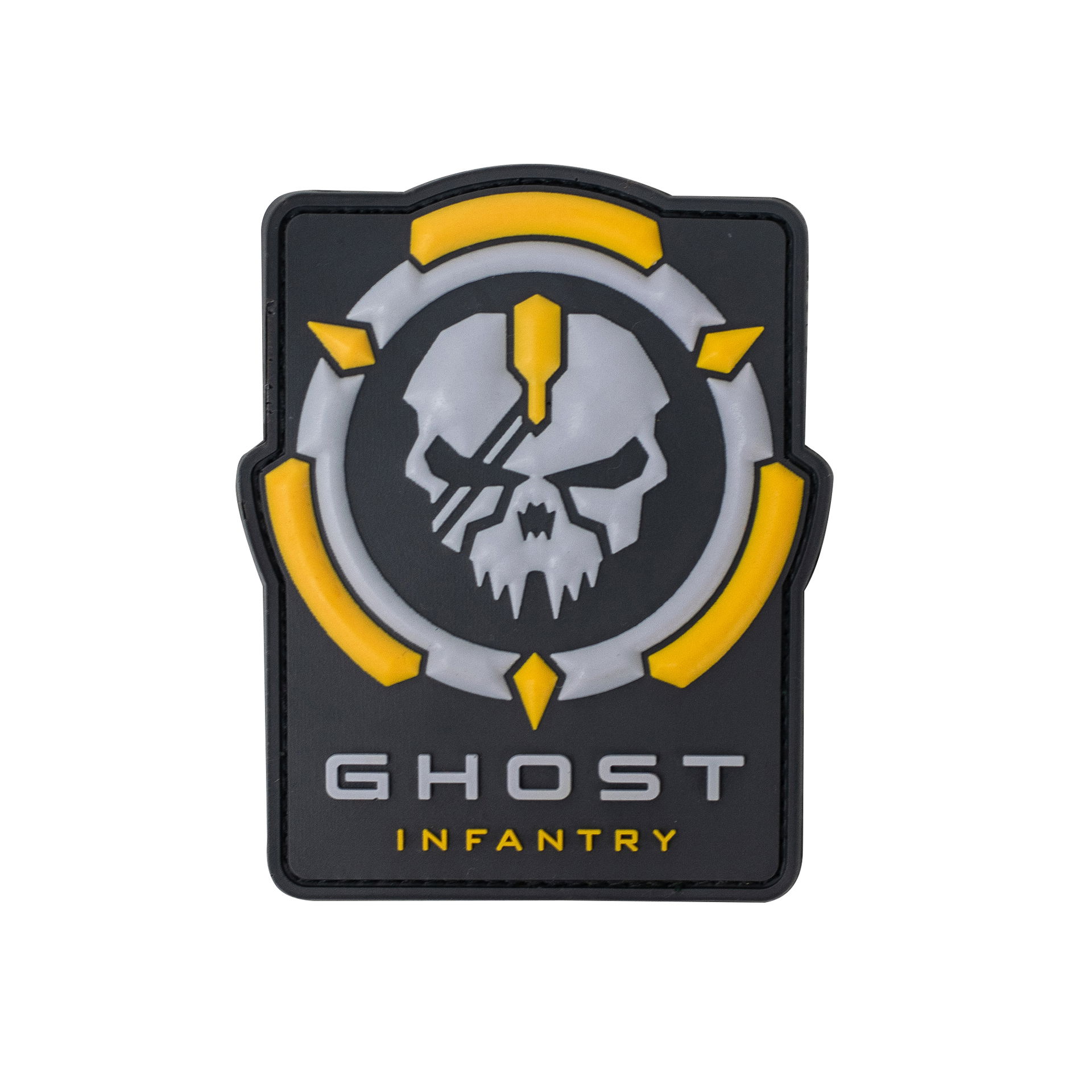 Schwarzer Patch mit gelbem und grauem Totenkopf, umgeben von einem Kreis, „GHOST INFANTRY“-Schriftzug unten.