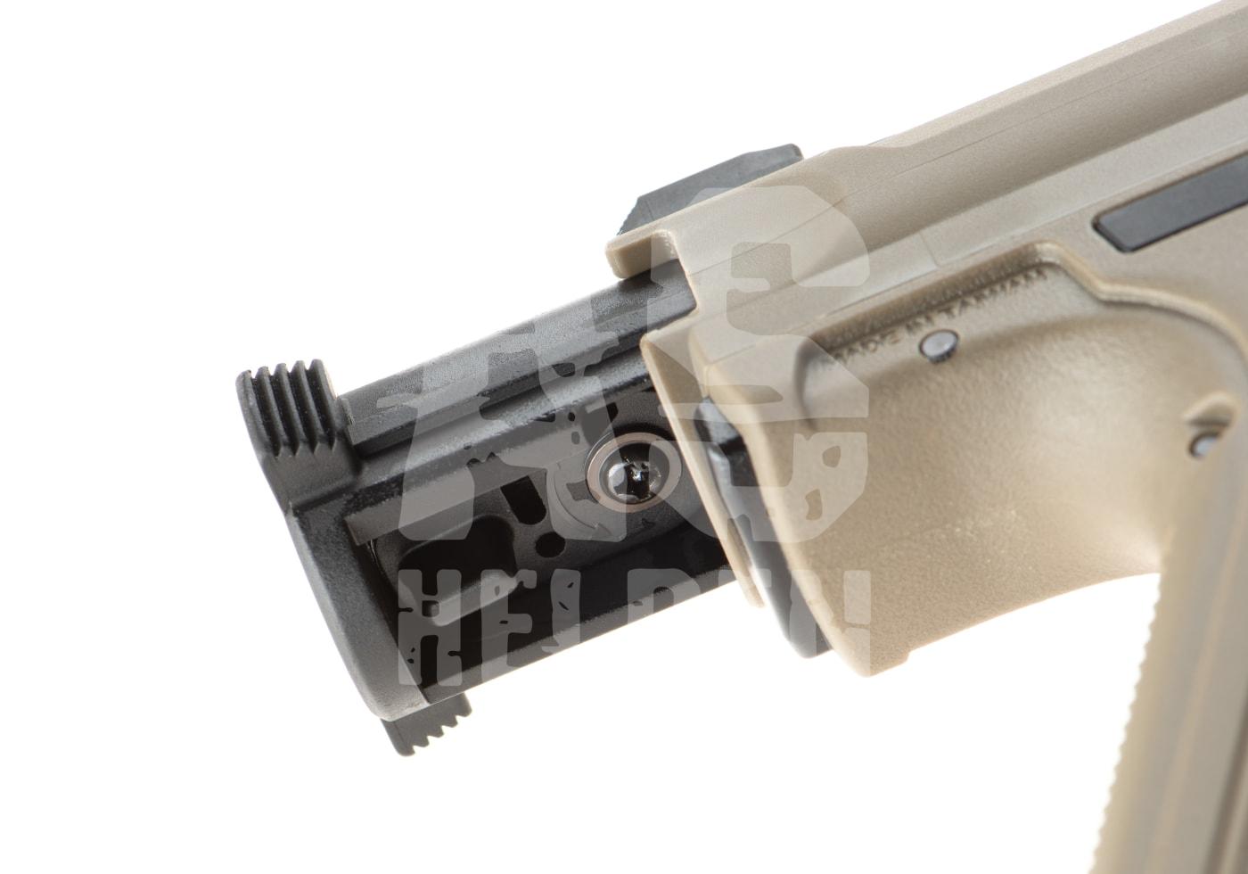 Nahaufnahme eines Airsoft-Gewehrkolbens mit Schraubmechanismus in beiger und schwarzer Farbe.