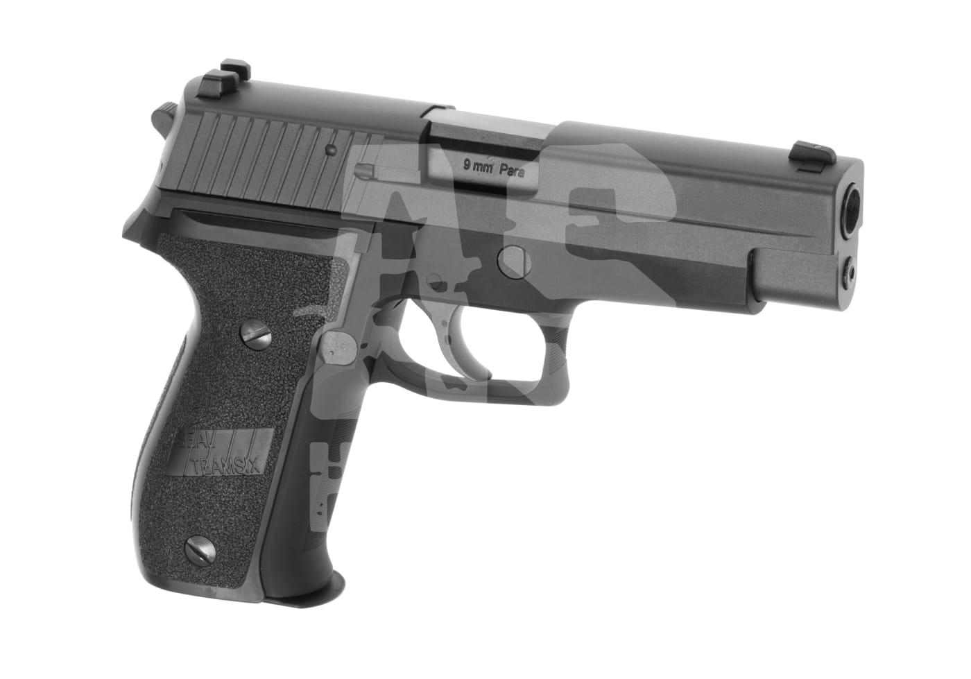 Schwarze Airsoft-Pistole im digitalen Tarnmuster, seitliche Ansicht.