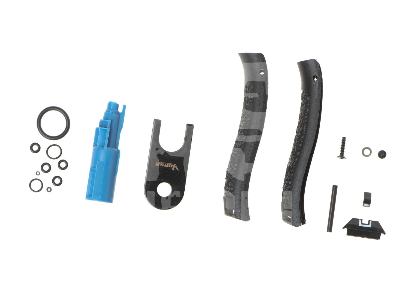 Vorsk EU17 Vented GBB - ab 18 Jahren Airsoft Waffenzubehör-Set mit Griffschalen, O-Ringen, Schrauben, blauem Selector-Plate und weiteren Kleinteilen.