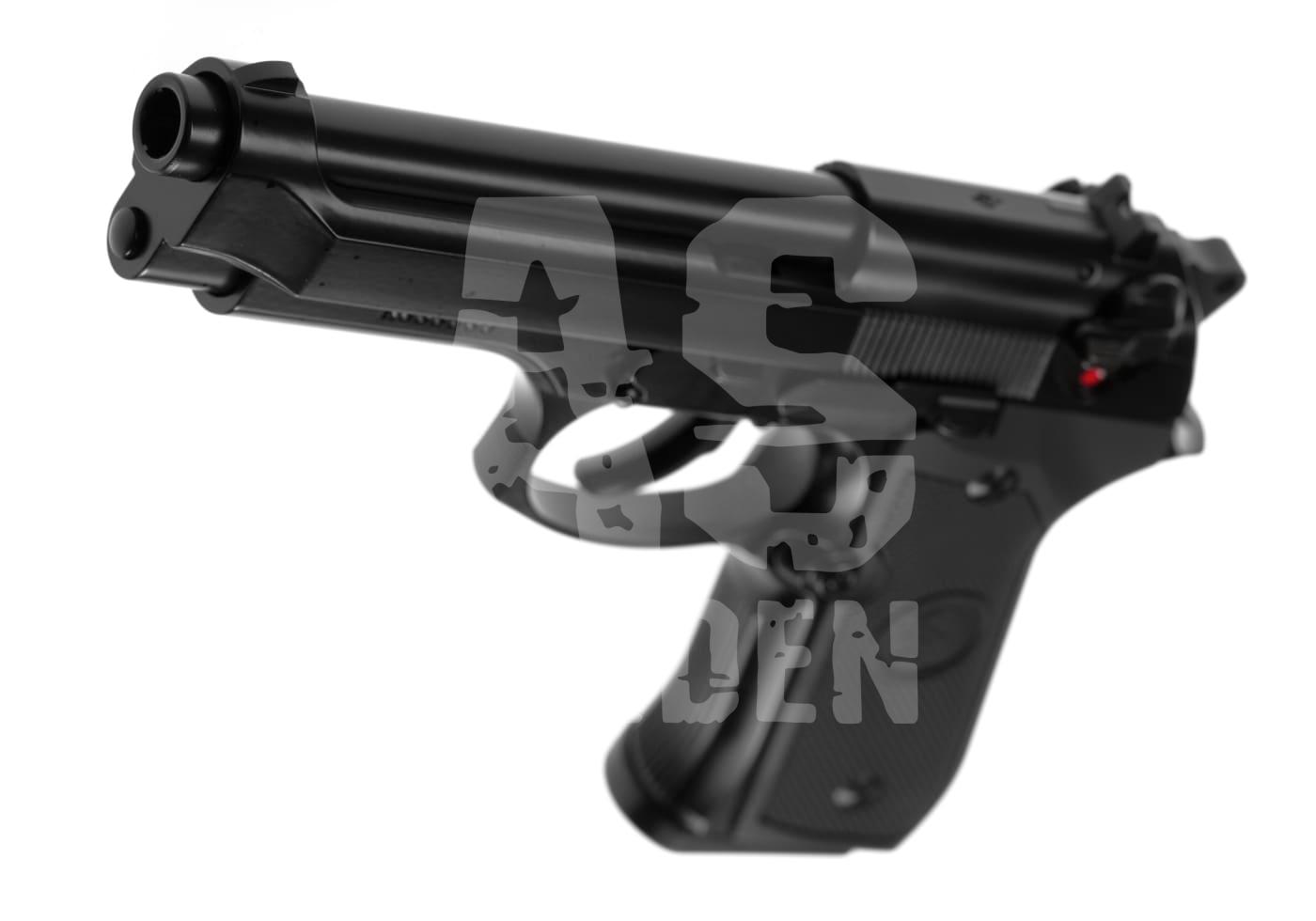 Schwarze Airsoft-Pistole aus Kunststoff, seitliche Ansicht, mit markanten Linien und Abzug.