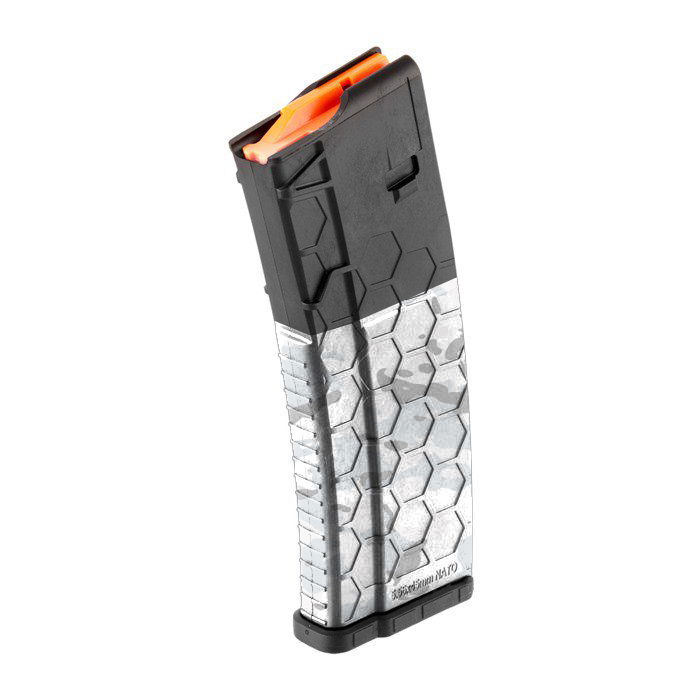 Airsoft-Magazin mit sechseckigem Muster und orangenem Follower, teils transparent, für M4/M16 Modelle.