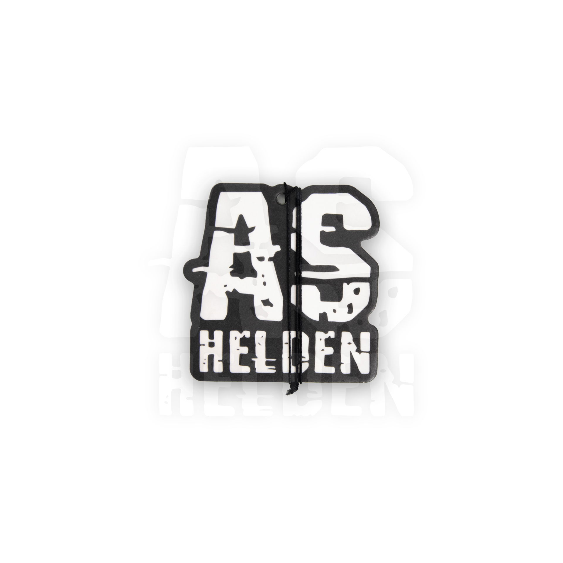Schwarzes Airsoft-Patch mit weißem "AS HELDEN"-Schriftzug auf verschlissenem Hintergrund.