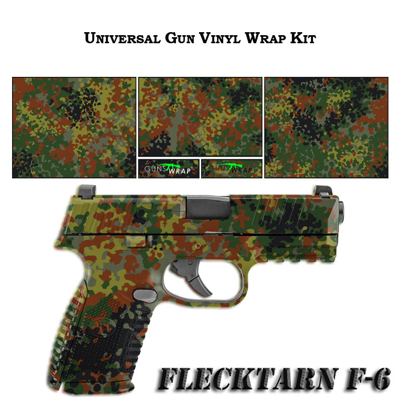 Vinyl-Wrap-Kit mit Flecktarnmuster für Pistolen, zeigt verschiedene Tarnvarianten und eine umwickelte Pistole.