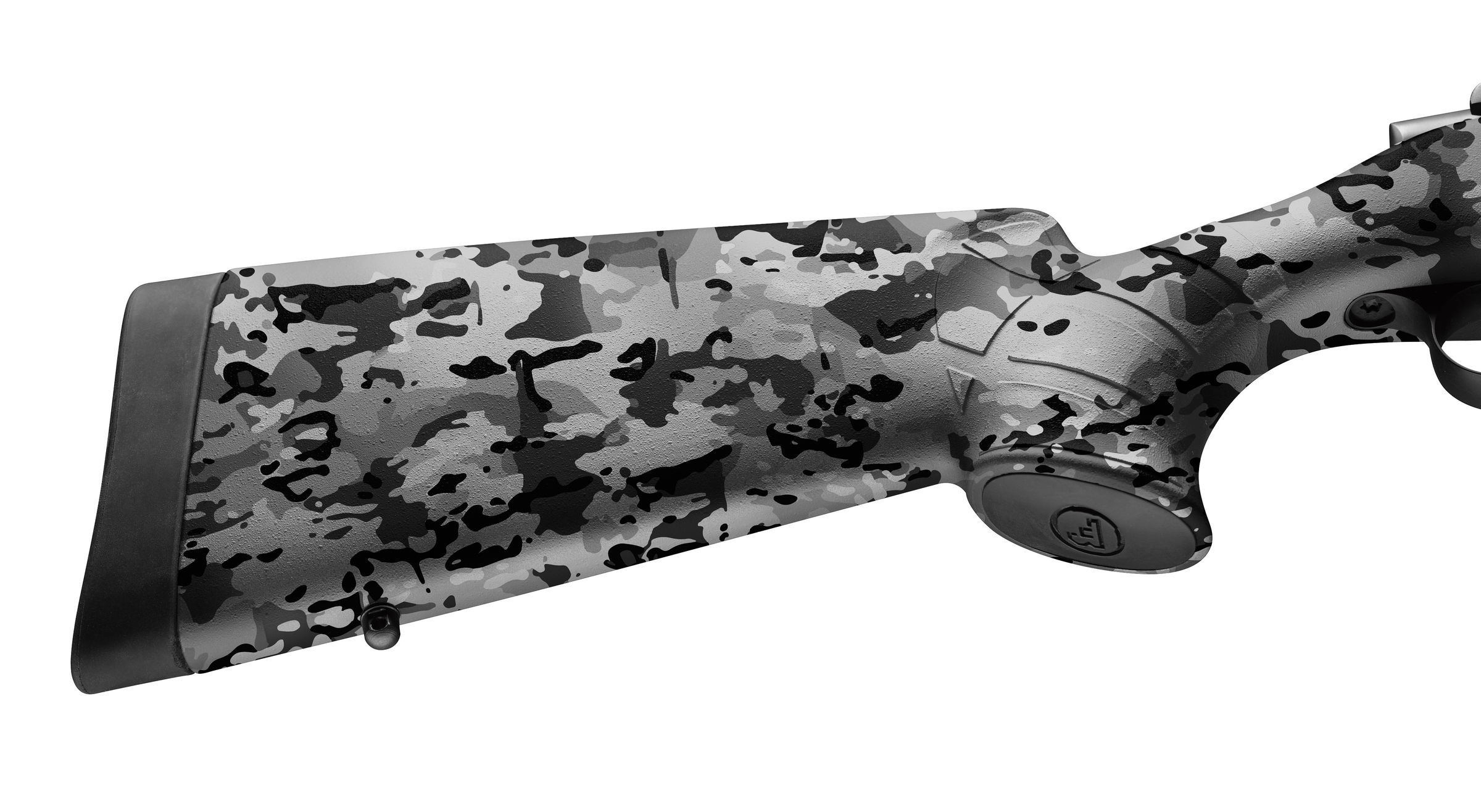 Schwarz-grauer Camouflage-Schaft eines Airsoft-Gewehrs mit gummierter Schulterauflage.