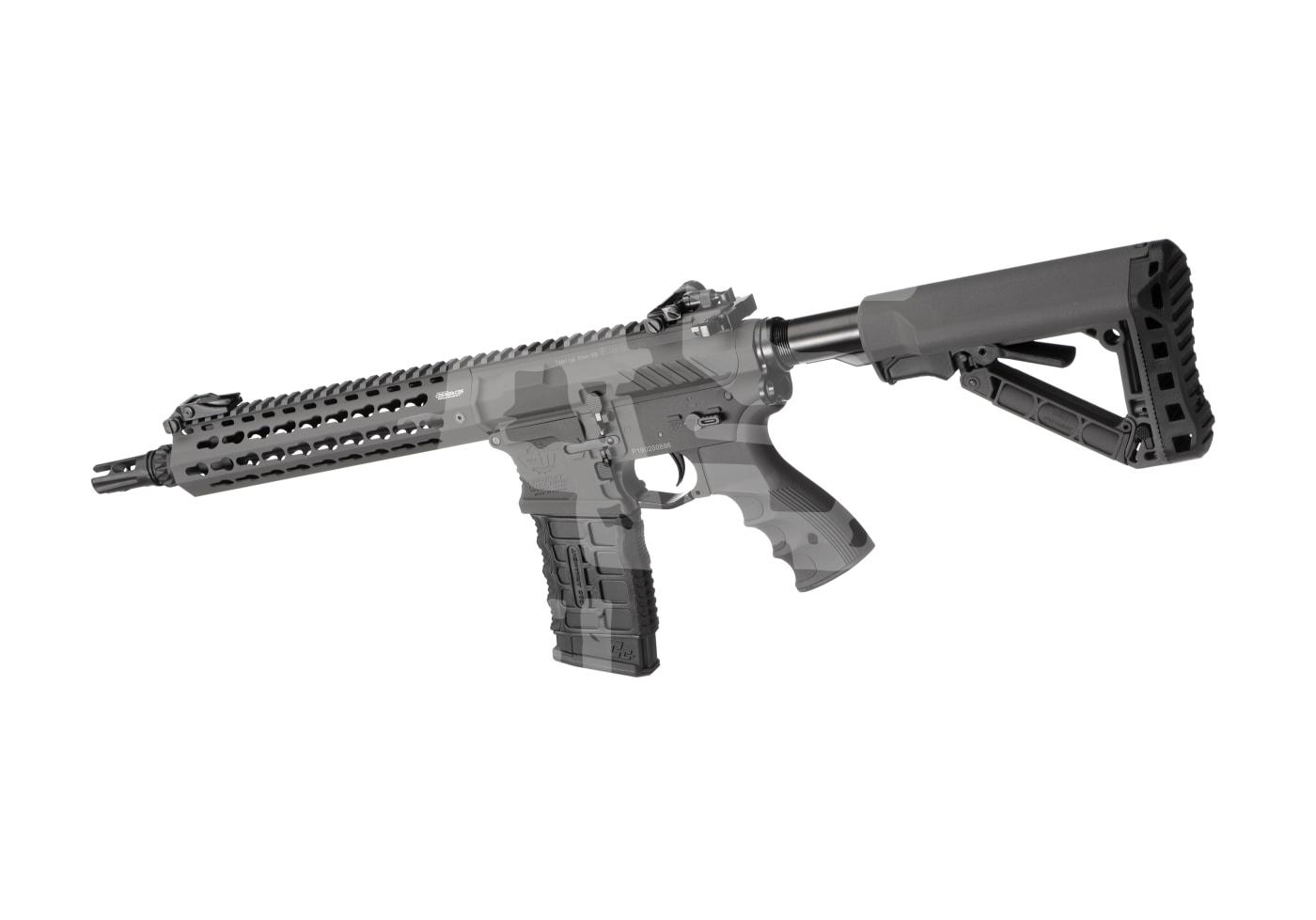 G&G CM16 E.T.U. SRL S-AEG - ab 18 Jahren Taktisches Airsoft-Gewehr mit schwarzem, geöffneter Schaft und modularer Handguard.