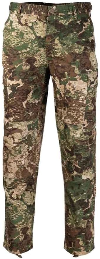 Tarnmuster-Hose für Airsoft, grün-braun-beige Camo, robustes Design mit Seitentaschen.