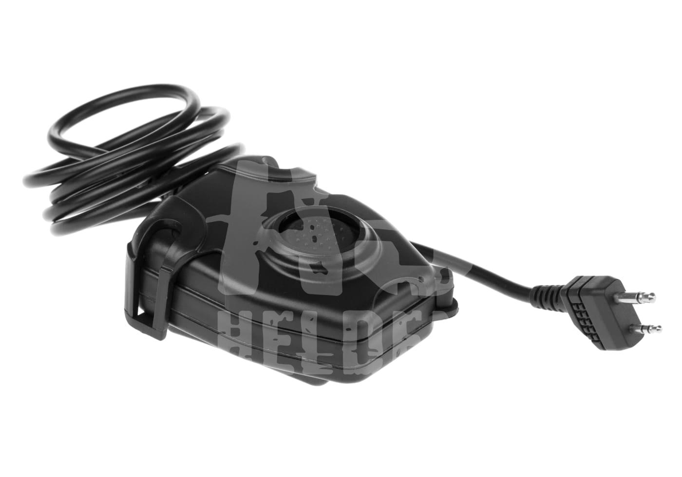 Schwarzer Airsoft PTT-Schalter mit Spiralkabel und Zwei-Pin-Anschluss.