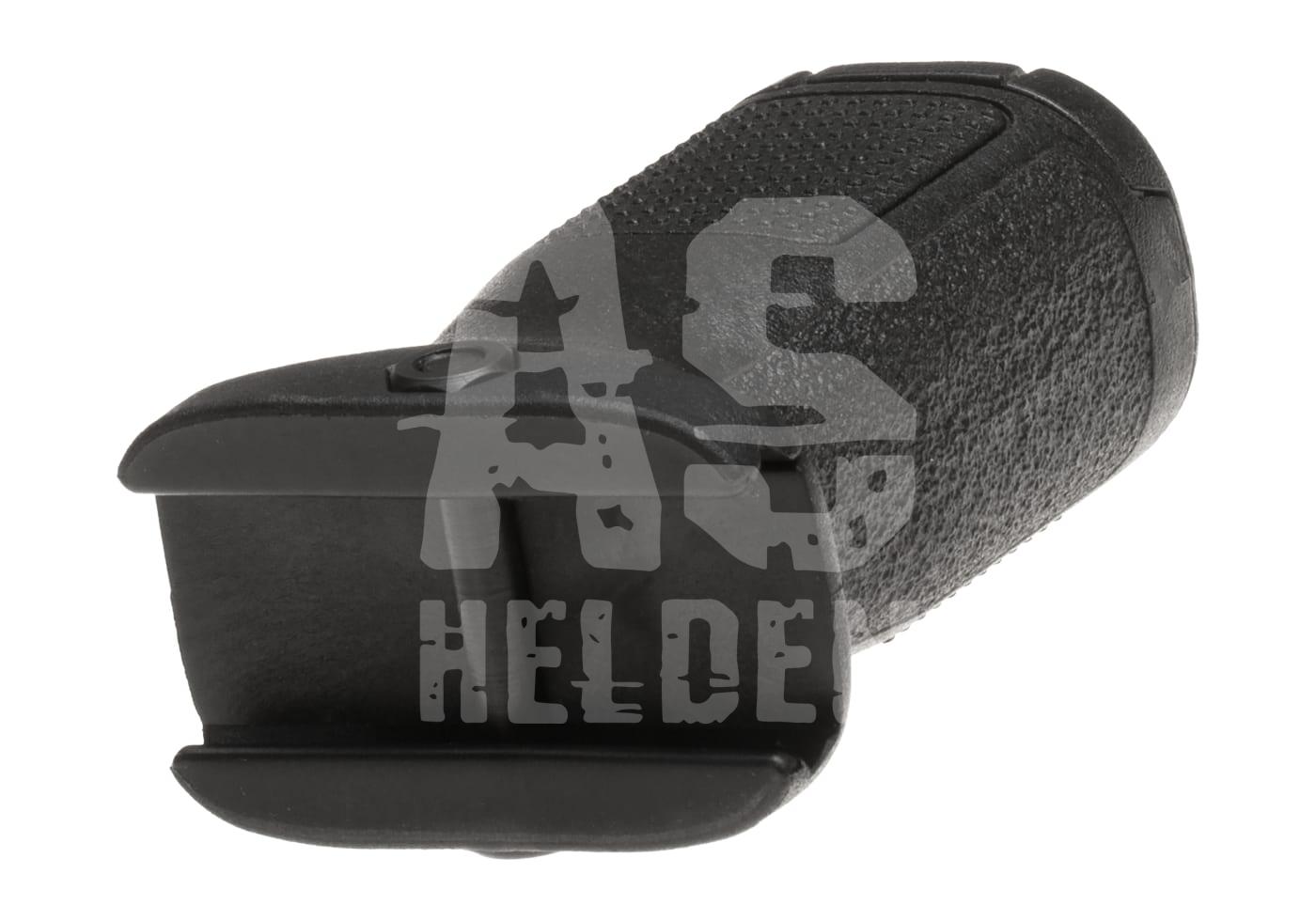 Schwarze Airsoft-Vertikalgriff mit strukturierter Oberfläche, seitliche Ansicht.