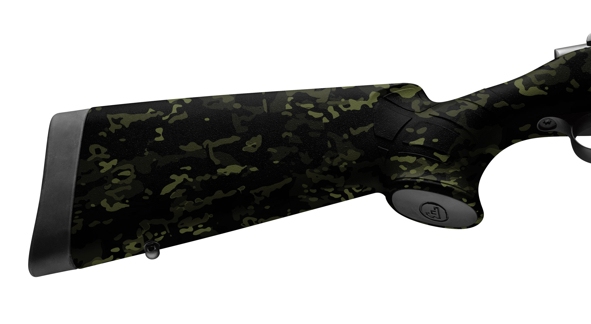 Gewehrschaft mit grün-schwarzem Tarnmuster, Detailansicht. Ideal für Airsoft-Tarnung.