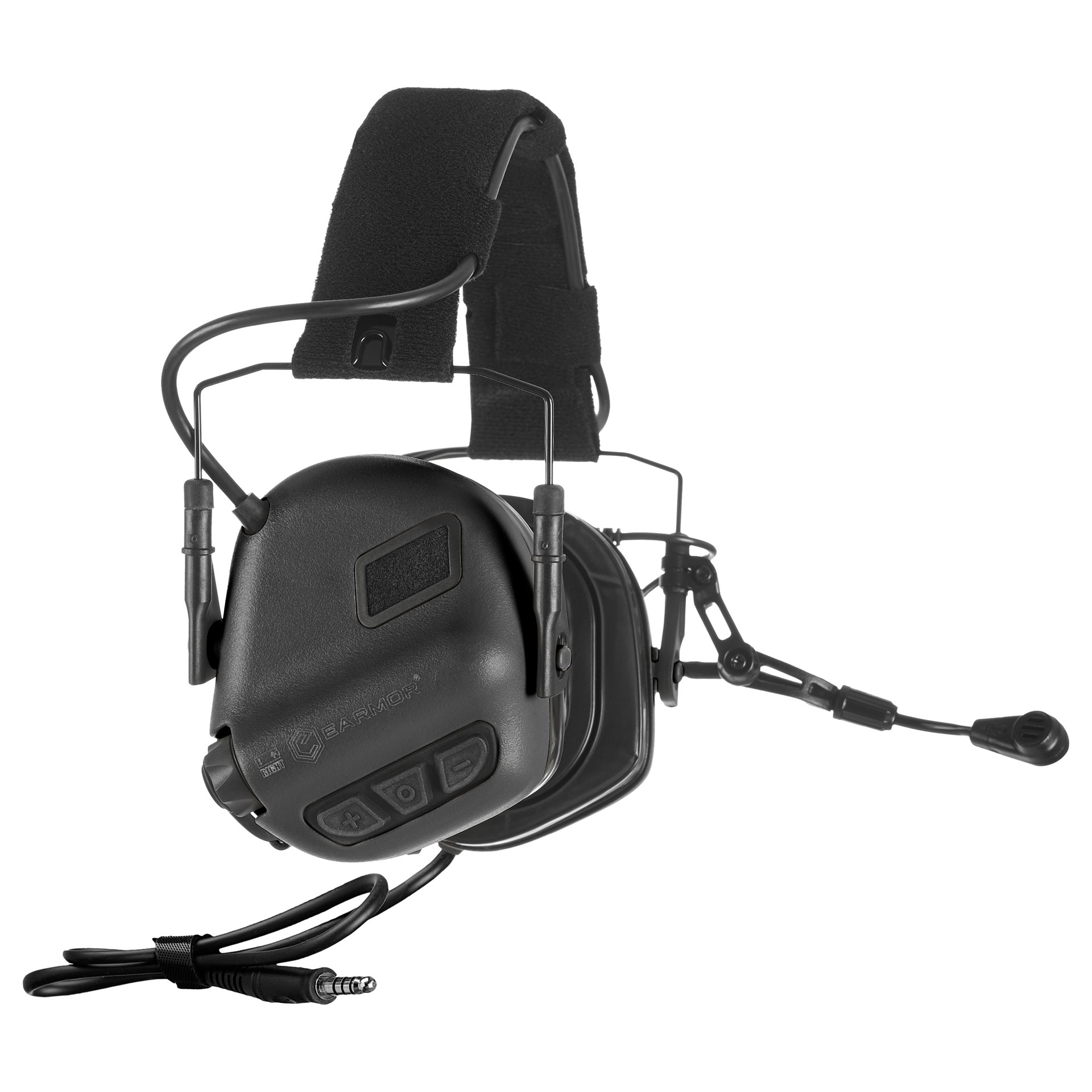 Schwarzer taktischer Gehörschutz mit Mikrofon und 3,5-mm-Kabel, ideal für Airsoft-Einsätze.