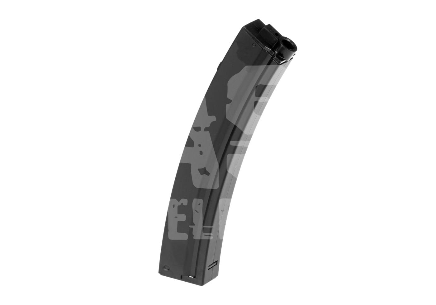 Schwarzes Airsoft-Trommelmagazin mit gebogener Form, Seitenansicht.