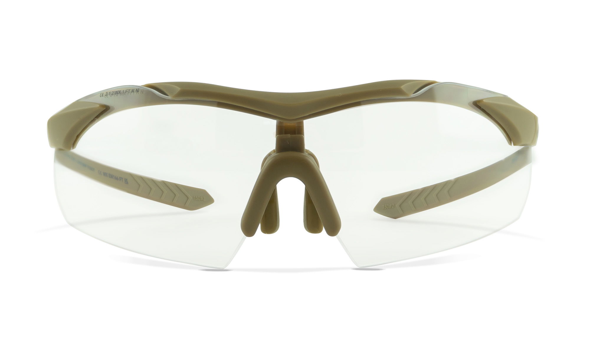 Sportbrille mit transparenten Gläsern und olivfarbenem Rahmen, frontalansicht.