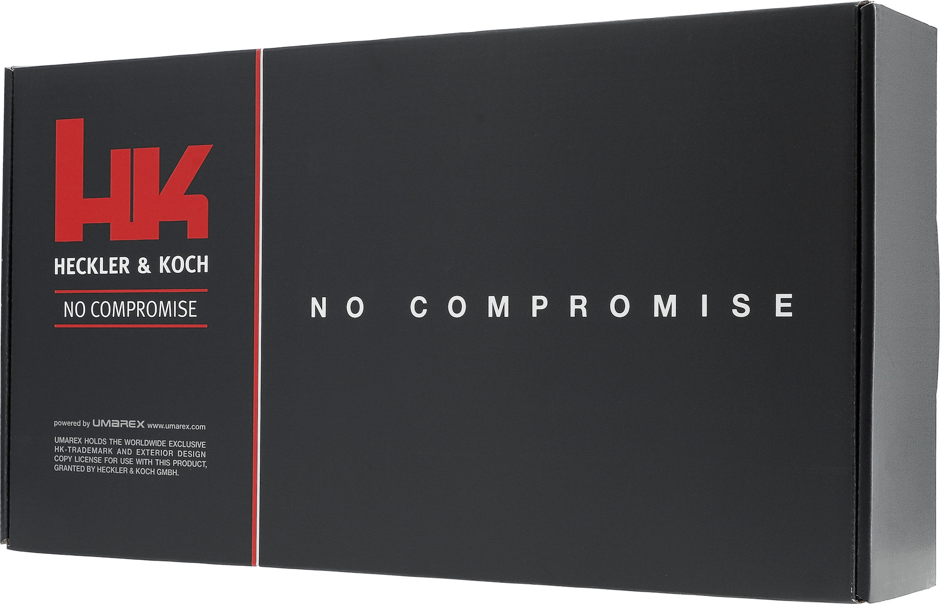 Schwarze Verpackung mit Heckler & Koch Logo und Slogan "No Compromise", Design powered by Umarex.