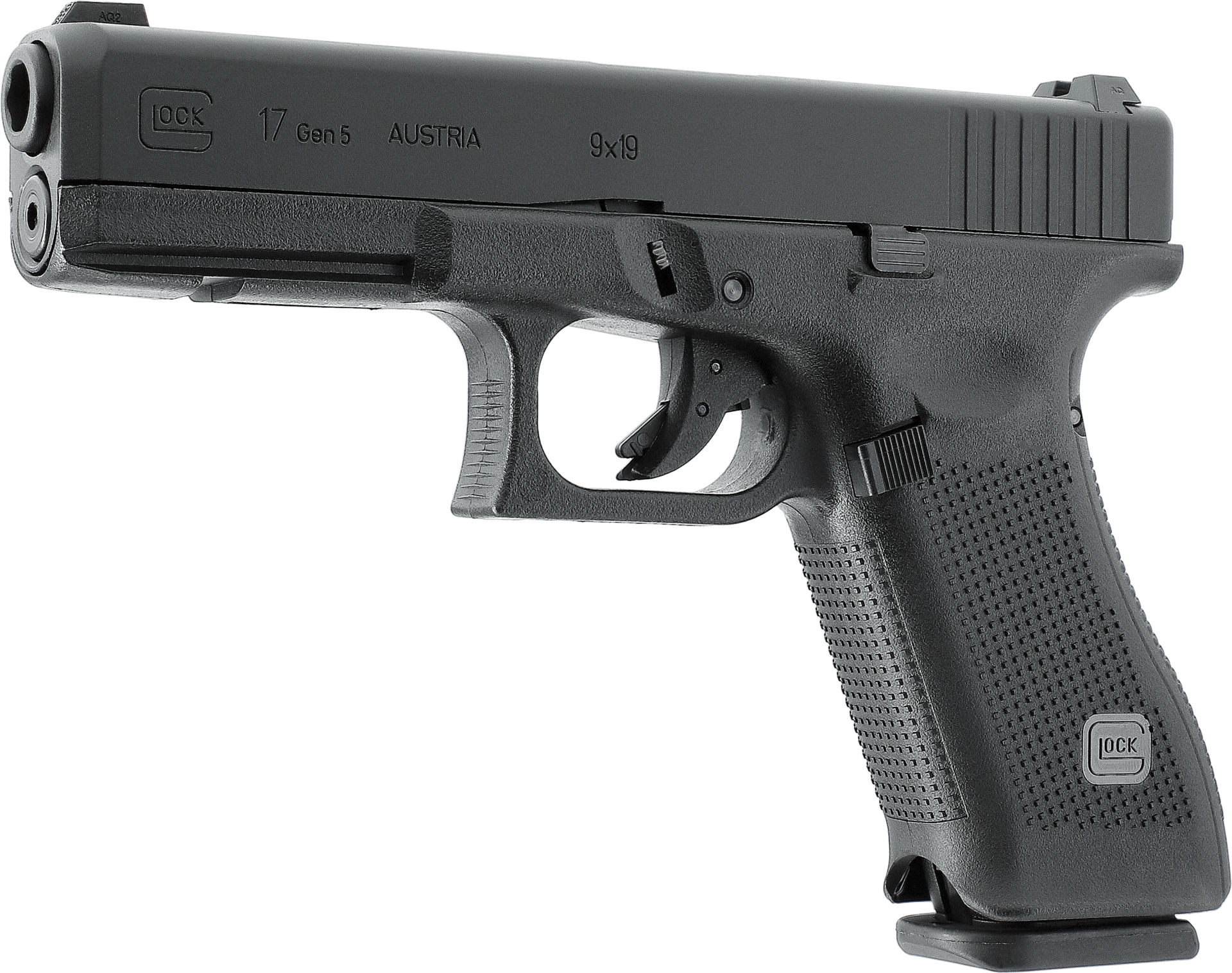 Schwarze Airsoft-Pistole Glock 17 Gen 5, seitlich, 9x19 Kaliber.