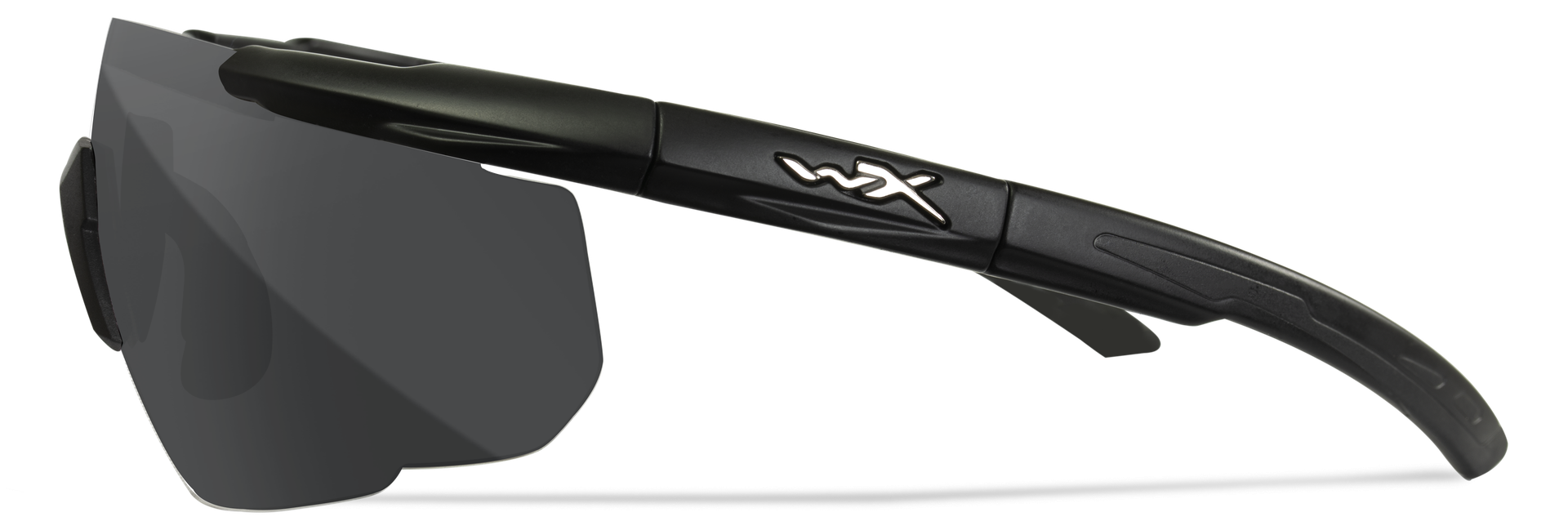 Schwarze Sportsonnenbrille mit gepolsterten Bügeln und grauen Gläsern.