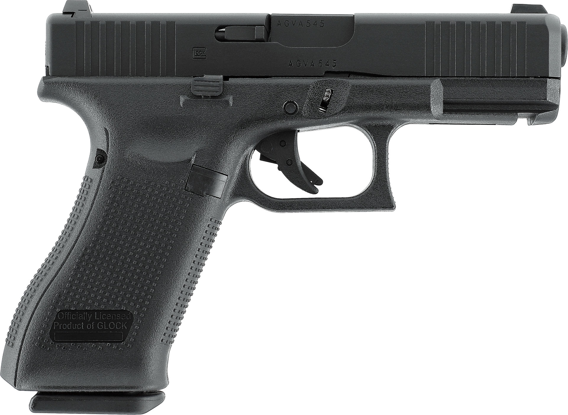 Schwarze Airsoft-Pistole mit strukturiertem Griff, seitlicher Nahaufnahme. Offiziell lizenziert von Glock.