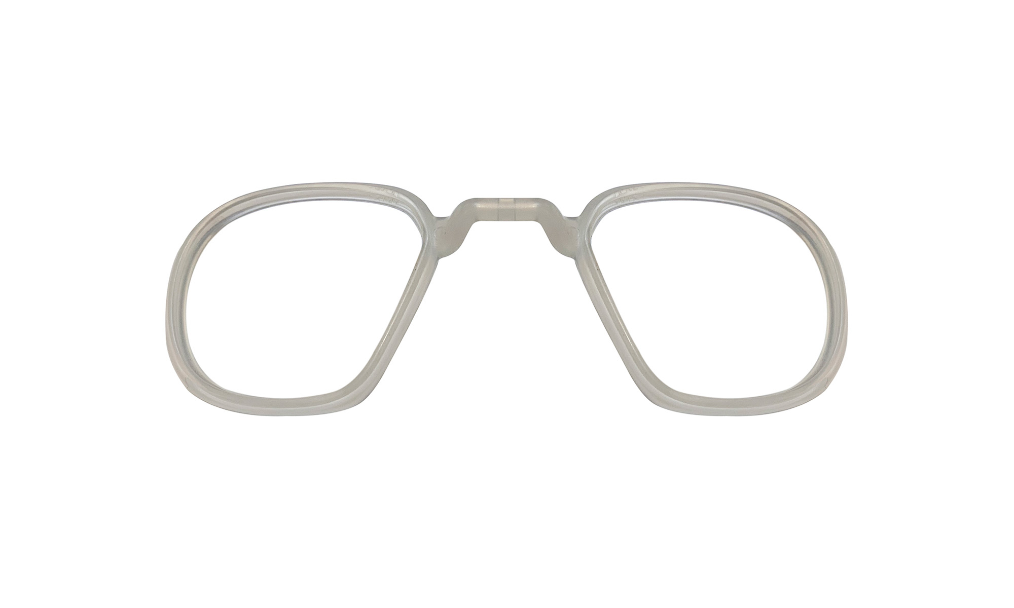 Durchsichtige Brille ohne Bügel, weißer Hintergrund.