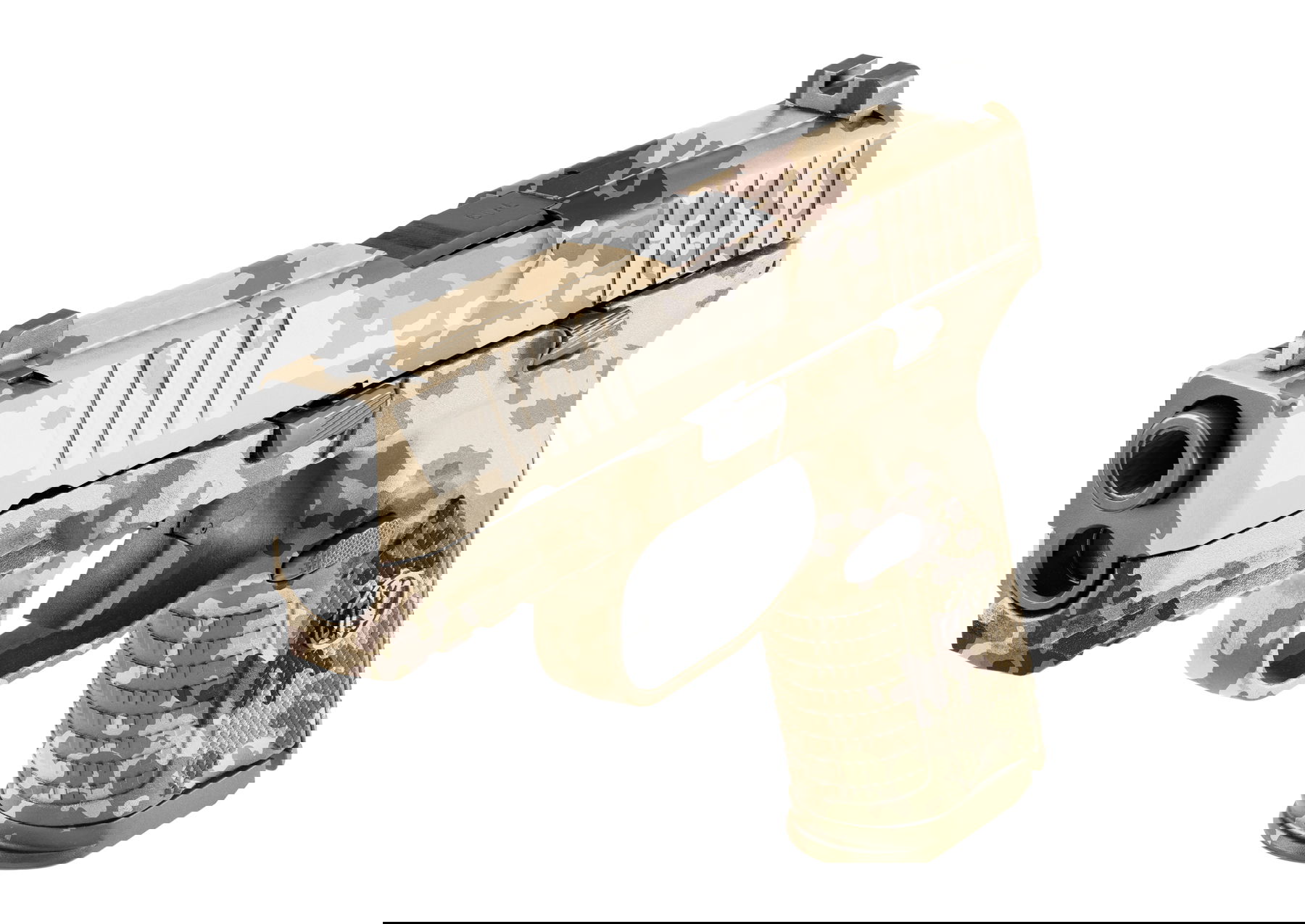 Tarnmuster-Pistole für Airsoft, Zweifarben-Camo, seitliche Ansicht.