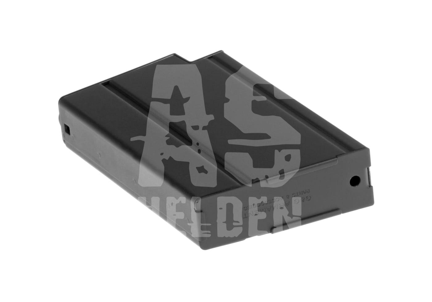 Schwarzes Airsoft-Magazin in rechteckiger Form, seitliche Draufsicht.