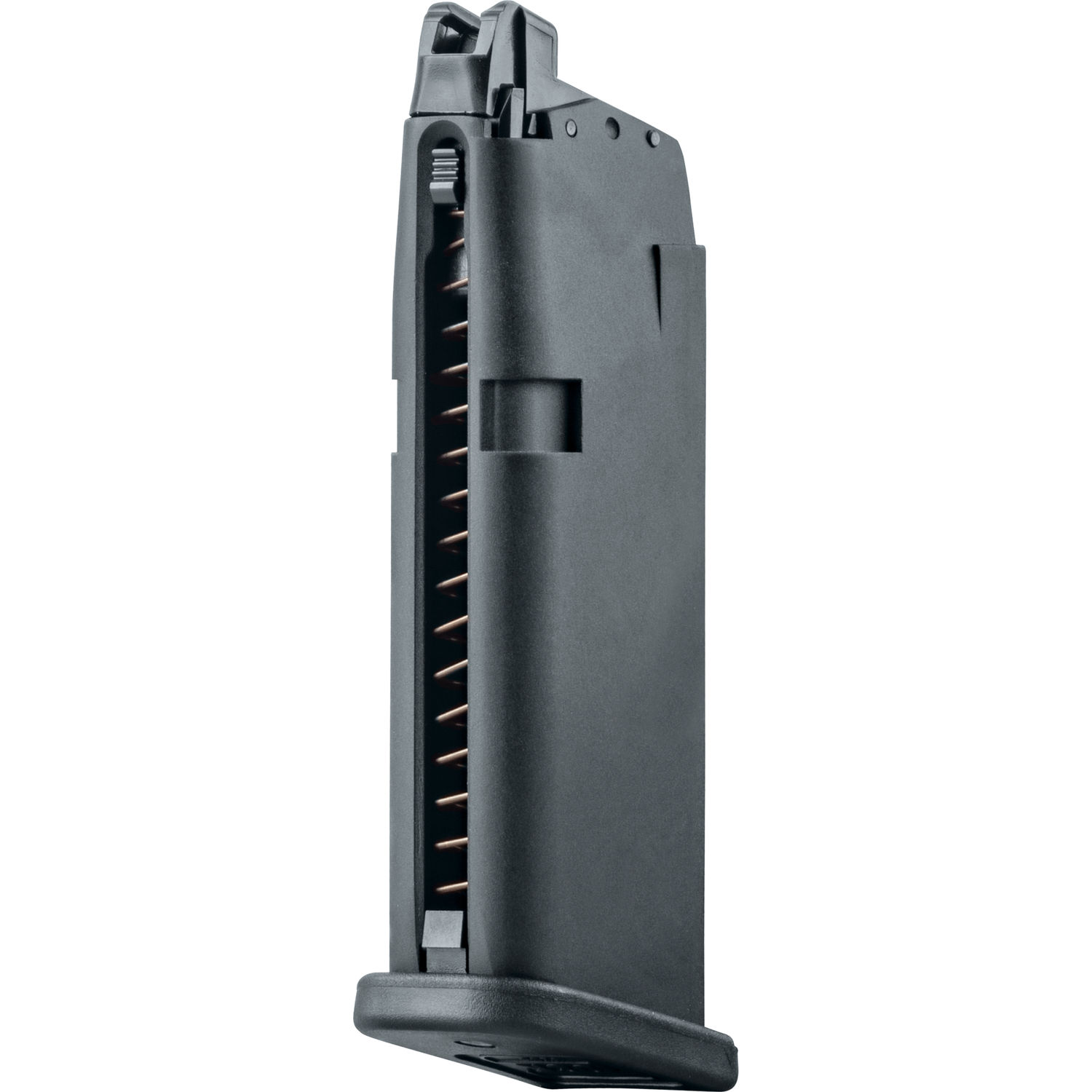 Schwarzes Airsoft-Pistolenmagazin aus Kunststoff, seitlich gezeigt.
